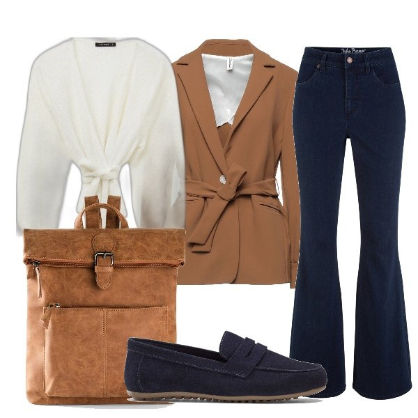 Outfit donna - Non serve strafare. Stile Casual chic per Tutti i giorni. Abbinamento con zaini, mocassini, jeans a zampa, blazer, cardigans.