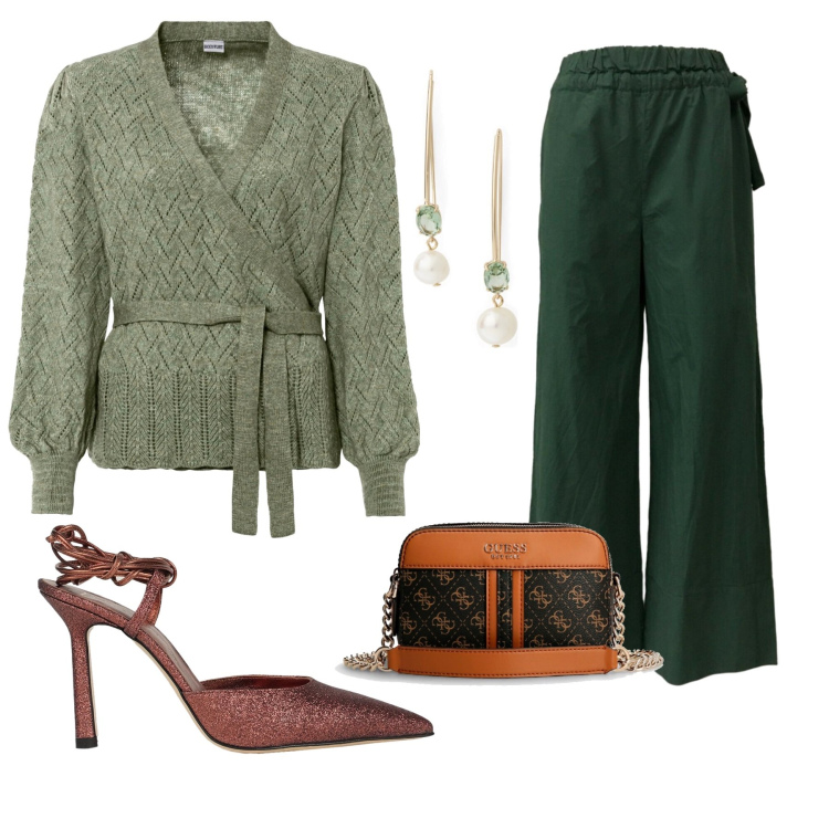 Outfit donna - Tendenze 2023 new romance. Stile Romantica per Tutti i giorni. Abbinamento con maglieria, décolleté, pantaloni, clutch, orecchini.