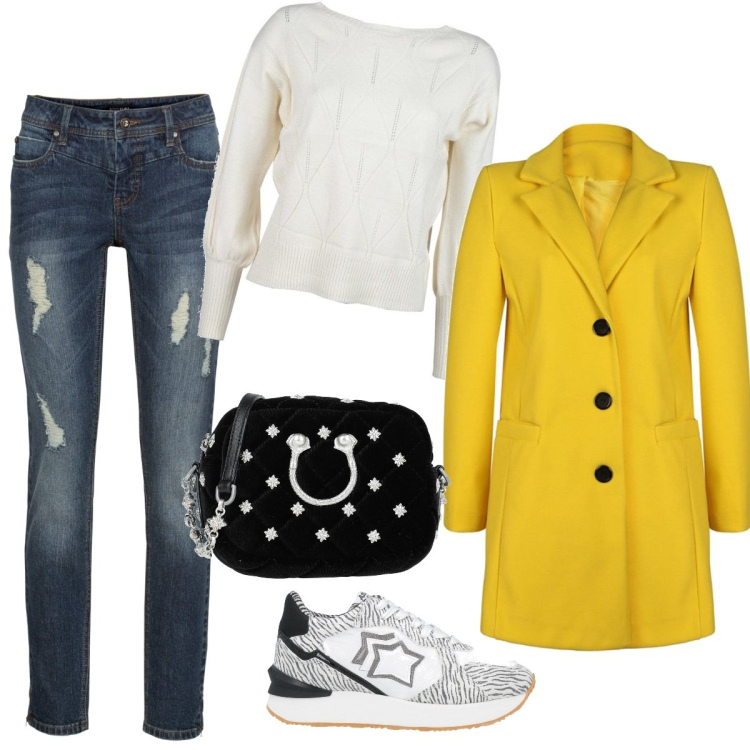 Outfit donna - Tracollina Richmond. Stile Casual per Tutti i giorni. Abbinamento con jeans strappati, sneakers, borse a tracolla, cappotti, maglieria.
