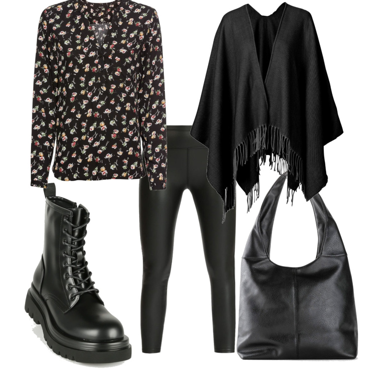 Outfit donna - A lezione. Stile Urban per Scuola/Università. Abbinamento con bluse, cappotti, borse a spalla, anfibi, treggings.