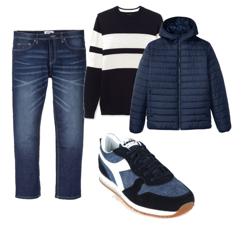 Outfit uomo - Casual #18140. Stile Casual per Tutti i giorni. Abbinamento con jeans dritti, giacche, sneakers, maglieria.