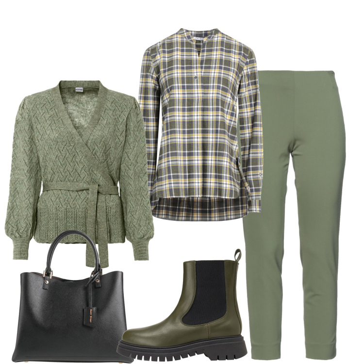 Outfit donna - Toni del verde. Stile Casual per Tutti i giorni. Abbinamento con maglieria, pantaloni, stivaletti, bluse, borse a mano.