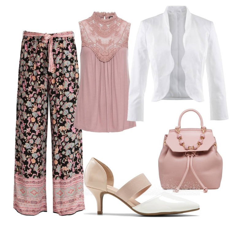 Outfit donna - Pantaloni a palazzo fantasia blusa rosa. Stile Bon Ton per Tutti i giorni. Abbinamento con top, blazer, décolleté, pantaloni a palazzo, zaini.