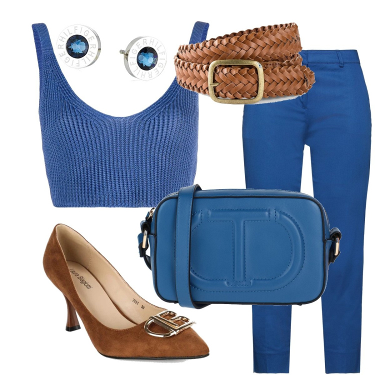 Outfit donna - Elegante. Stile Casual chic per Tutti i giorni. Abbinamento con cinture, borse a tracolla, pantaloni capri, décolleté, top, orecchini.