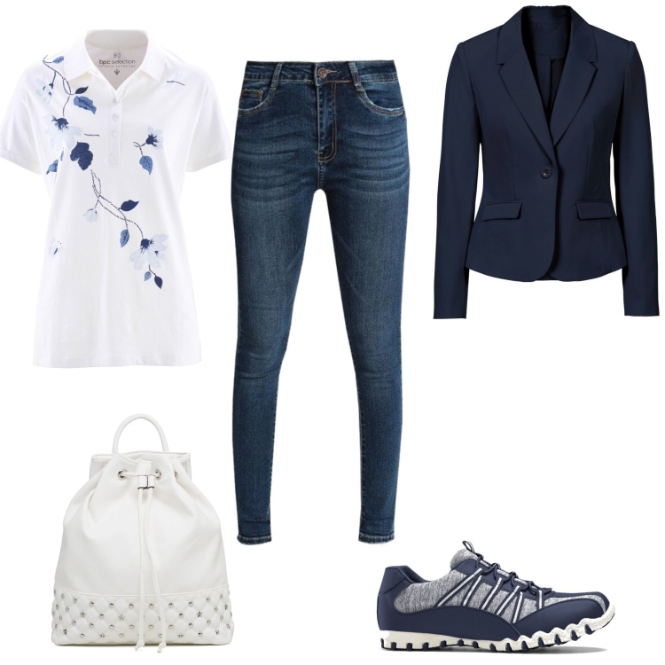 Outfit donna - Total look #1426754. Stile Basic per Tutti i giorni. Abbinamento con blazer, polo, sneakers, jeans slim fit, zaini.