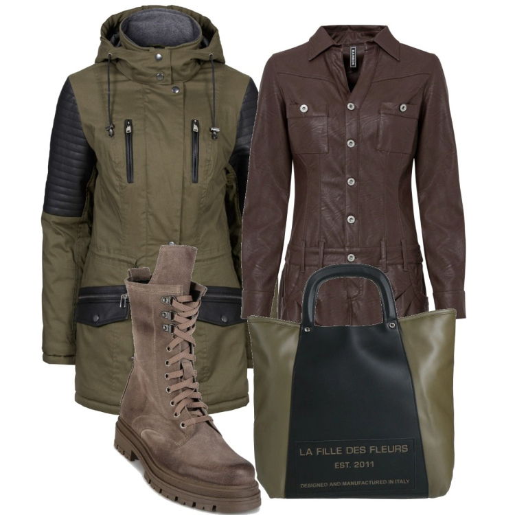 Outfit donna - Total look #1426780. Stile Urban per Tutti i giorni. Abbinamento con parka, vestiti, borse a mano, anfibi.