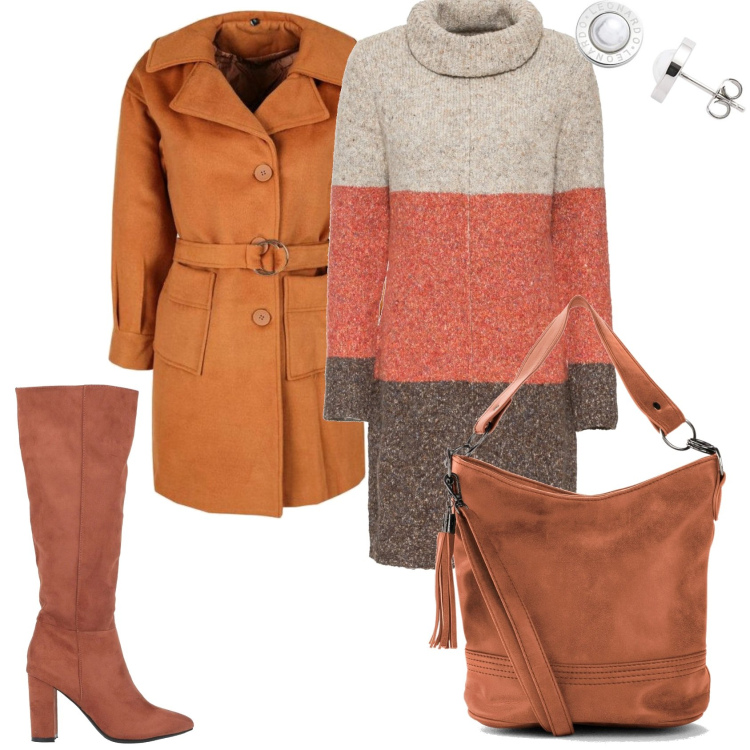 Outfit donna - Vestito beige marrone e arancio. Stile Trendy per Tutti i giorni. Abbinamento con vestiti, borse a tracolla, stivali, cappotti, orecchini.