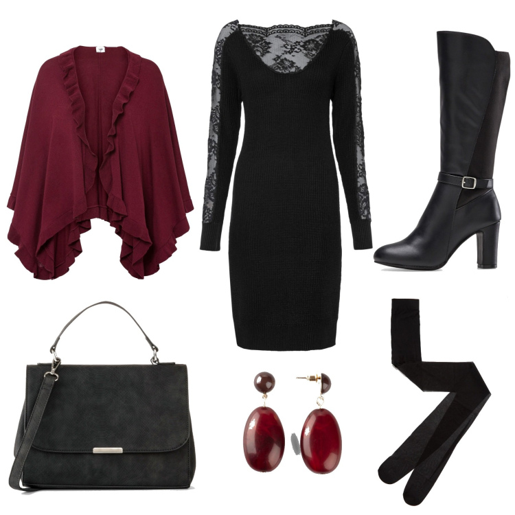 Outfit donna - Curvy chic. Stile Sexy per Serata fuori. look ideale per Tall. Abbinamento con vestiti, stivali, cappotti, borse a mano, orecchini, collant.