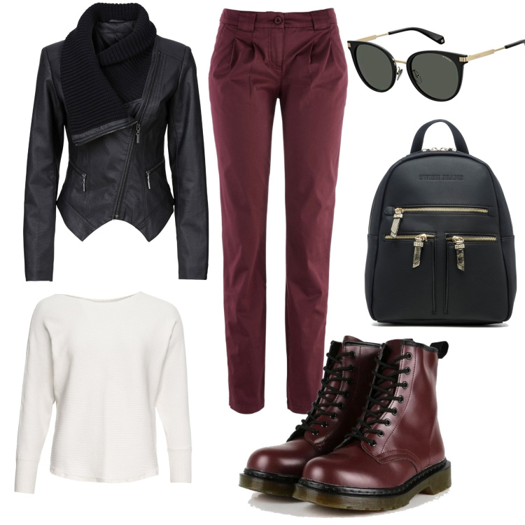 Outfit donna - Minimal fall. Stile Minimal per Tutti i giorni. look ideale per Tall. Abbinamento con blazer, maglieria, pantaloni chino, anfibi, zaini, occhiali da sole.