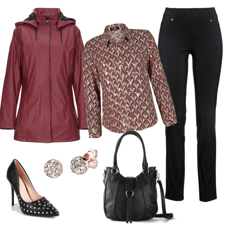 Outfit donna - Day by day. Abbinamento con pantaloni, borse a mano, cappotti, camicie, scarpe col tacco, orecchini.