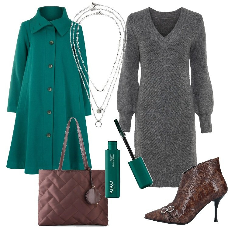 Outfit donna - Il cappotto verde dalla linea svasata. Stile Chic per Tutti i giorni. Abbinamento con vestiti, cappotti, shopping bag, collane, stivaletti, mascara.