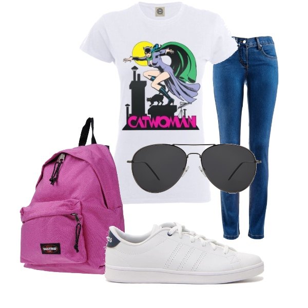 Outfit donna - Catwoman. Stile Basic per Tutti i giorni. Abbinamento con jeans dritti, borsa, occhiali da sole, t-shirt con fumetto bianco, sneakers.