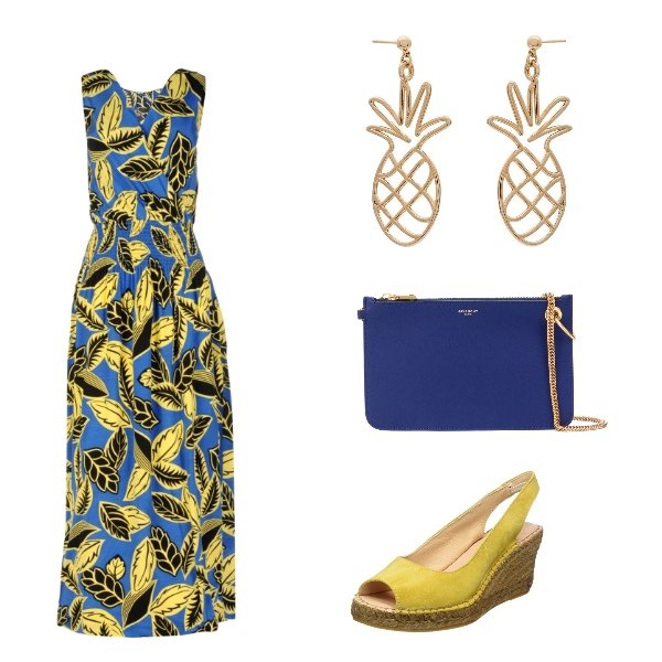 Outfit donna - Trendy #18371. Stile Trendy per Tutti i giorni. Abbinamento con vestiti lunghi, orecchini effetto metallizzato in ottone taglia unica oro, portafoglio con catena in pelle taglia unica blu, espadrillas giallo.