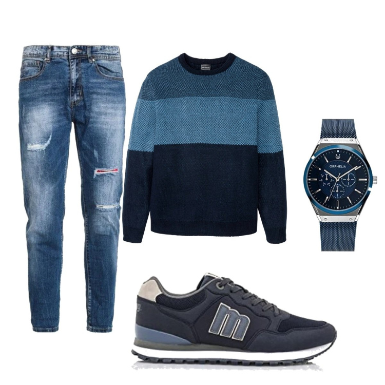 Outfit uomo - Casual #18167. Stile Casual per Tutti i giorni. Abbinamento con maglieria, jeans strappati, sneakers, orologi.