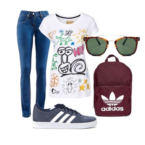Outfit donna - Fumetti. Stile Basic per Tutti i giorni. Abbinamento con jeans dritti, t-shirt con stampa bianco, occhiali da sole, sneakers, zaino con manico e zip con bretelle bordeaux.