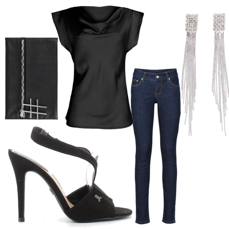Outfit donna - Il super tacco. Stile Casual chic per Serata fuori. Abbinamento con jeans skinny, orecchini, bluse, pochette, sandali col tacco.