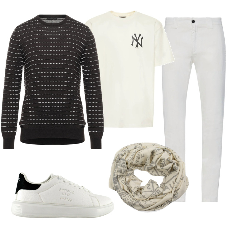 Outfit uomo - Il pull leggero. Stile Casual per Tutti i giorni. Abbinamento con sciarpe, sneakers, pantaloni, pullovers, t-shirt.