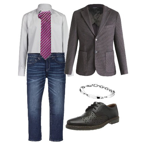 Outfit uomo - In ufficio e poi aperitivo. Stile Trendy per Tutti i giorni. Abbinamento con jeans dritti, giacche, camicie, cravatte, braccialetti, scarpe stringate.