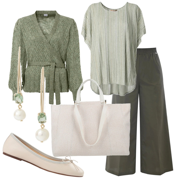 Outfit donna - Military e beige. Stile Glamour per Tutti i giorni. Abbinamento con maglieria, borse a mano, ballerine, orecchini, pantaloni a palazzo, bluse.