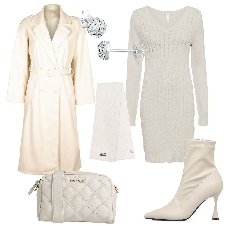 Outfit donna - Total white a ottobre. Stile Casual chic per Serata fuori. Abbinamento con vestiti, borse a tracolla, trench, sciarpe, stivaletti, orecchini.