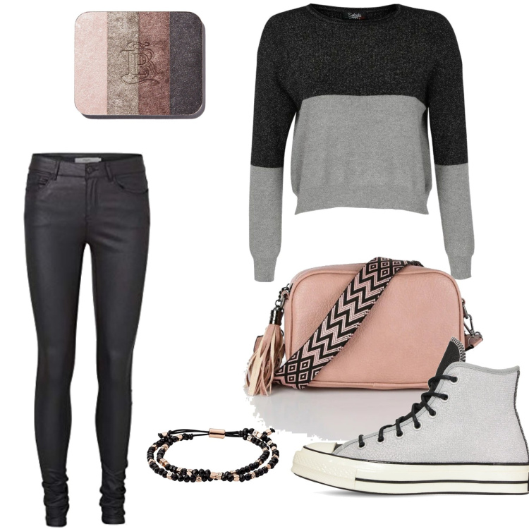 Outfit donna - Glam rock. Stile Rock Abbinamento con borse a mano, maglieria, ombretti, braccialetti, sneakers, pantaloni.