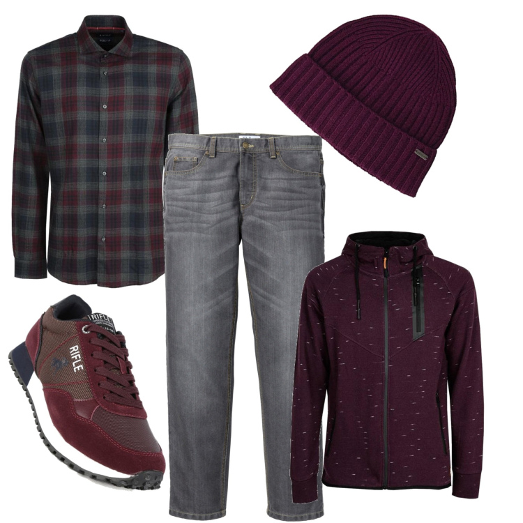 Outfit uomo - Il bordeaux sporty. Stile Urban per Tutti i giorni. Abbinamento con jeans dritti, felpe con cappuccio, camicie, sneakers, berretti.