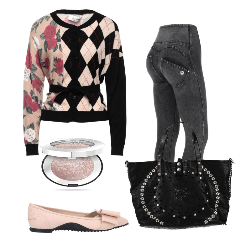 Outfit donna - Total look #1427508. Stile Casual chic per Tutti i giorni. Abbinamento con cardigans, ballerine, borse a mano, jeans skinny, ombretti.