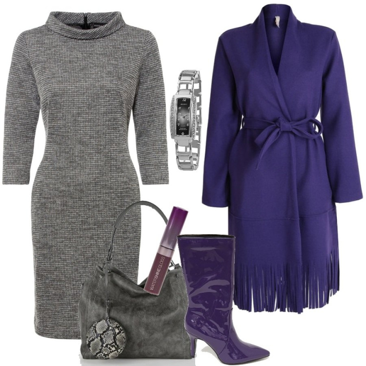 Outfit donna - Cappotto con frange. Stile Sporty chic per Tutti i giorni. look ideale per Petite. Abbinamento con vestiti, cappotti, borse a spalla, stivali, orologi, gloss.