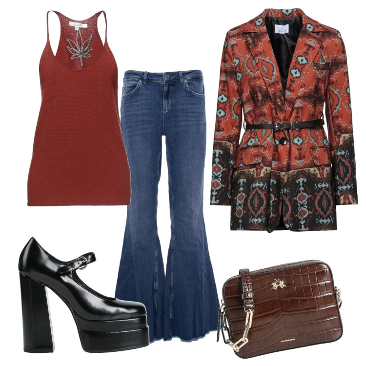 Outfit donna - Tacco alto molto anni 70. Stile 70s per Serata fuori. Abbinamento con décolleté, blazer, borse a tracolla, canottiere, jeans a zampa.