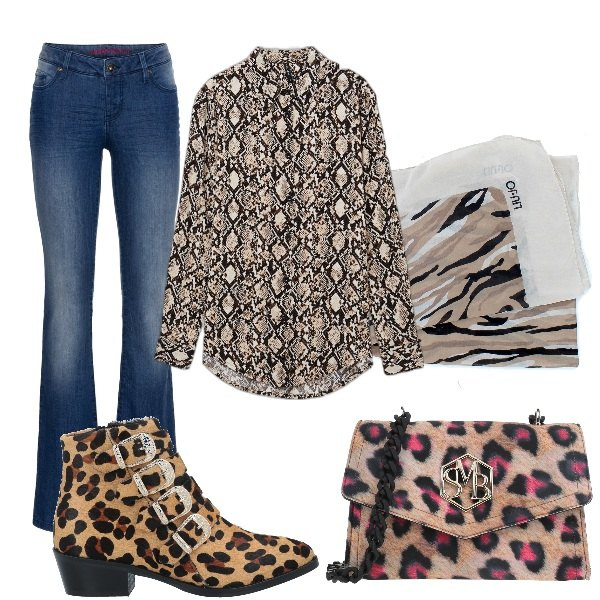 Outfit donna - Denim e animalier. Stile Trendy per Serata fuori. Abbinamento con jeans bootcut, borse a tracolla, stivaletti, camicie, sciarpe.
