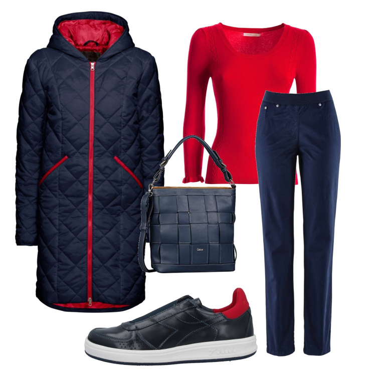 Outfit donna - Il rosso e il blu. Stile Casual per Tutti i giorni. Abbinamento con blazer, pantaloni sportivi, sneakers, maglieria, borse a spalla.