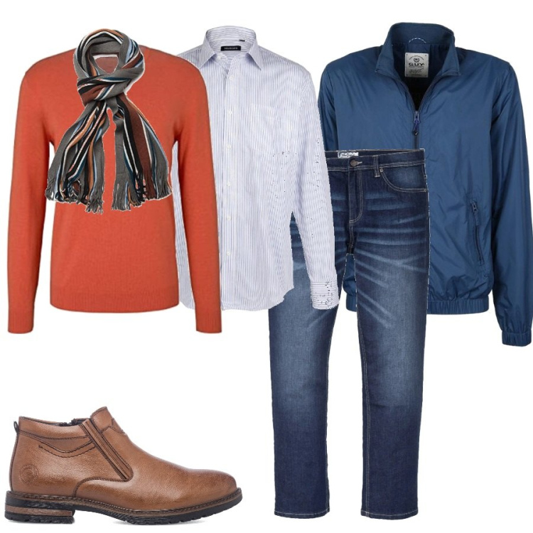 Outfit uomo - Total look #1427803. Stile Casual per Mare. Abbinamento con jeans dritti, camicie, giacche, stivali e stivaletti, maglieria, sciarpe.