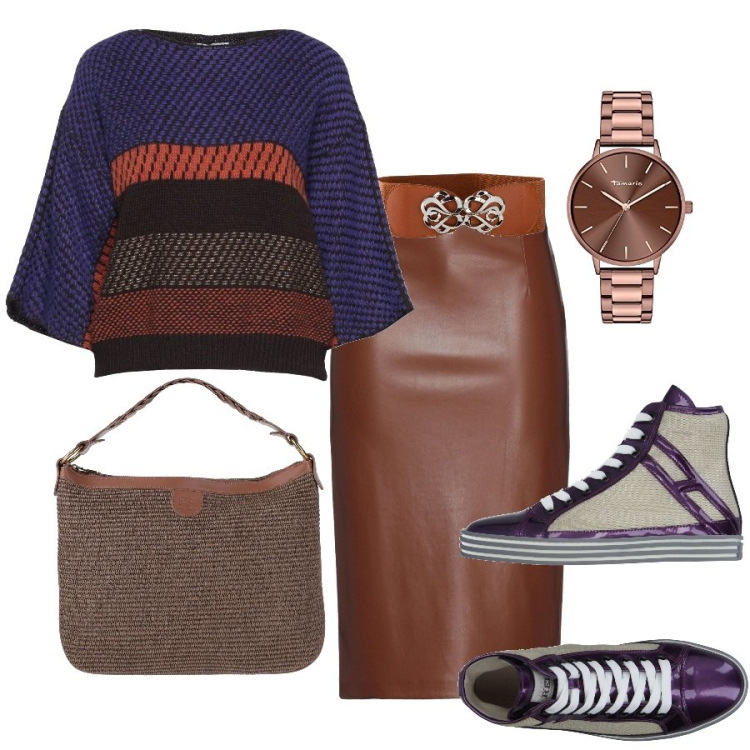 Outfit donna - Total look #1427856. Stile Sporty chic per Tutti i giorni. Abbinamento con cinture, gonne longuette, sneakers, pullovers, borse a mano, orologi.
