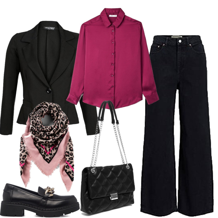 Outfit donna - Corro in ufficio. Stile Casual per Ufficio. Abbinamento con foulard, camicie, blazer, borse a spalla, mocassini, jeans.