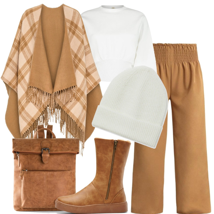 Outfit donna - Comoda e scattante. Stile Basic per Tutti i giorni. Abbinamento con stivali, zaini, cappotti, pantaloni a palazzo, pullovers, cappelli con visiera.