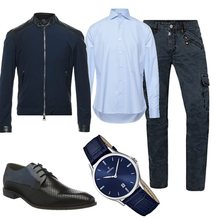 Outfit uomo - Primi freddi. Stile Trendy per Ufficio. Abbinamento con giacche, camicie, pantaloni cargo, scarpe stringate, orologi analogici.