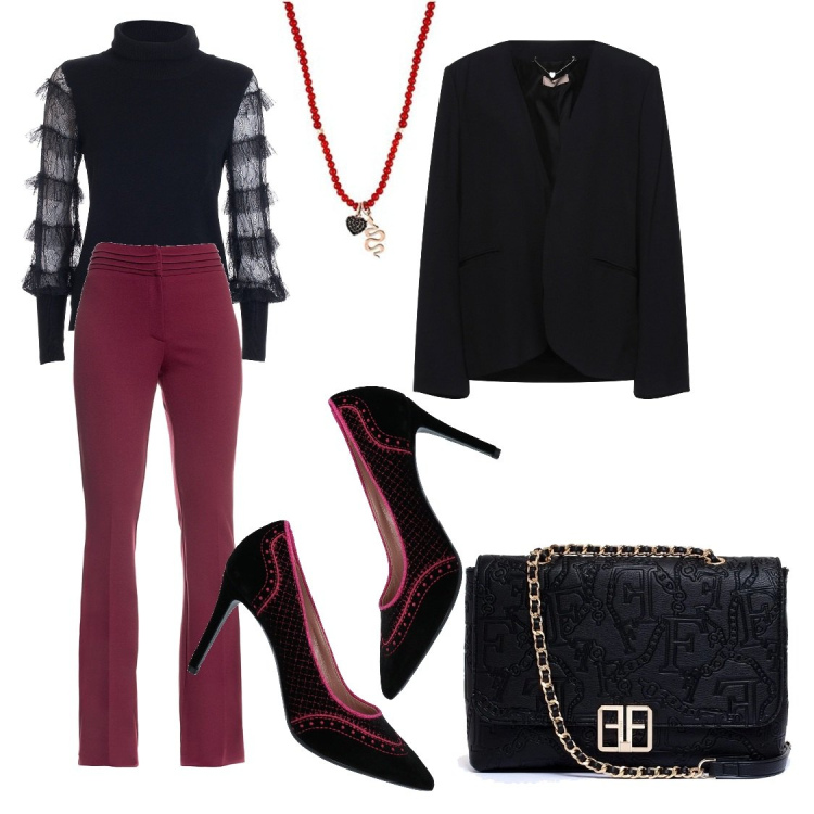 Outfit donna - Aperitivo del Venerdì. Stile Glamour per Serata fuori. Abbinamento con décolleté, blazer, maglieria, pantaloni, clutch, collane.