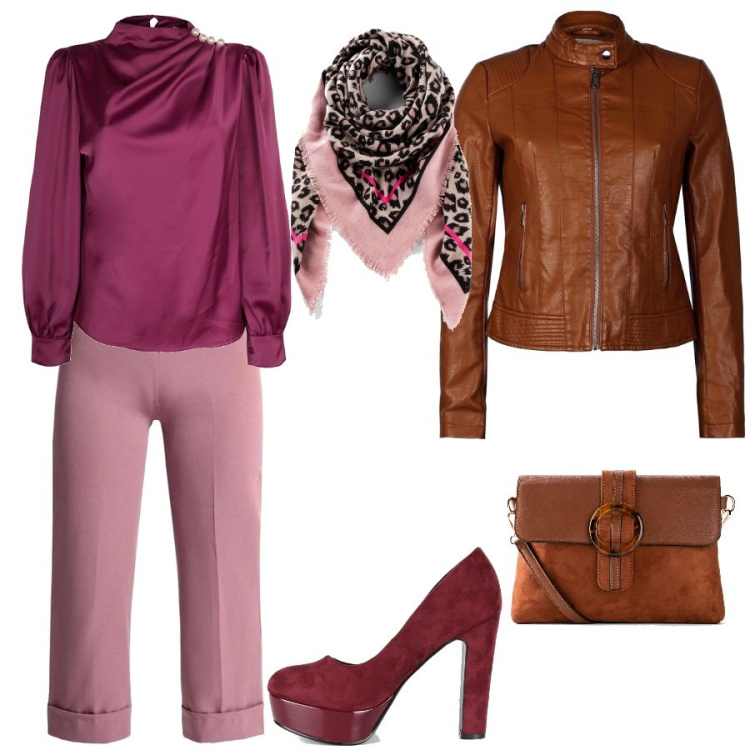 Outfit donna - Borsa in semipelle scamosciata. Stile Trendy per Tutti i giorni. Abbinamento con foulard, borse a tracolla, giacche, bluse, pantaloni culotte, décolleté.