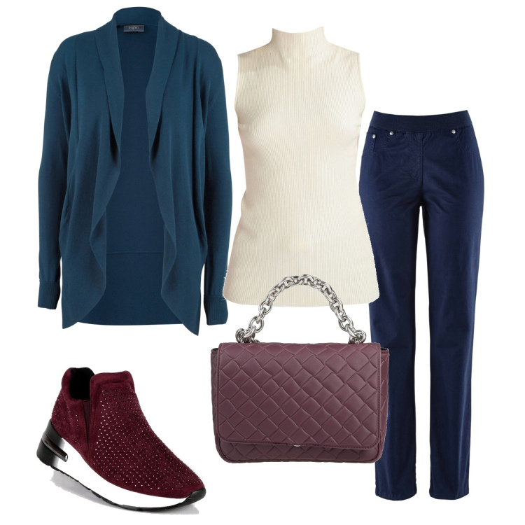 Outfit donna - Il lupetto senza maniche. Stile Basic per Tutti i giorni. Abbinamento con cardigans, pantaloni sportivi, borse a mano, sneakers alte, pullovers.