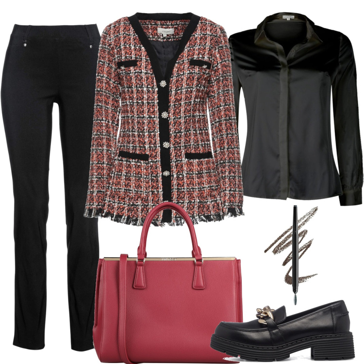 Outfit donna - Inizio settimana in ufficio. Stile Chic per Ufficio. Abbinamento con pantaloni, blazer, borse a mano, camicie, mocassini, eyeliner.