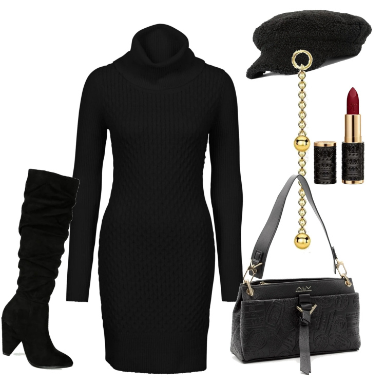 Outfit donna - Abito in maglia. Stile Minimal per Tutti i giorni. Abbinamento con vestiti, cappelli con visiera, stivali, pochette, rossetti, orecchini.