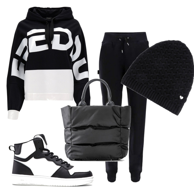 Outfit donna - Il week end sporty. Stile Basic per Tutti i giorni. Abbinamento con berretti, sneakers alte, borse a mano, felpe con cappuccio, pantaloni.