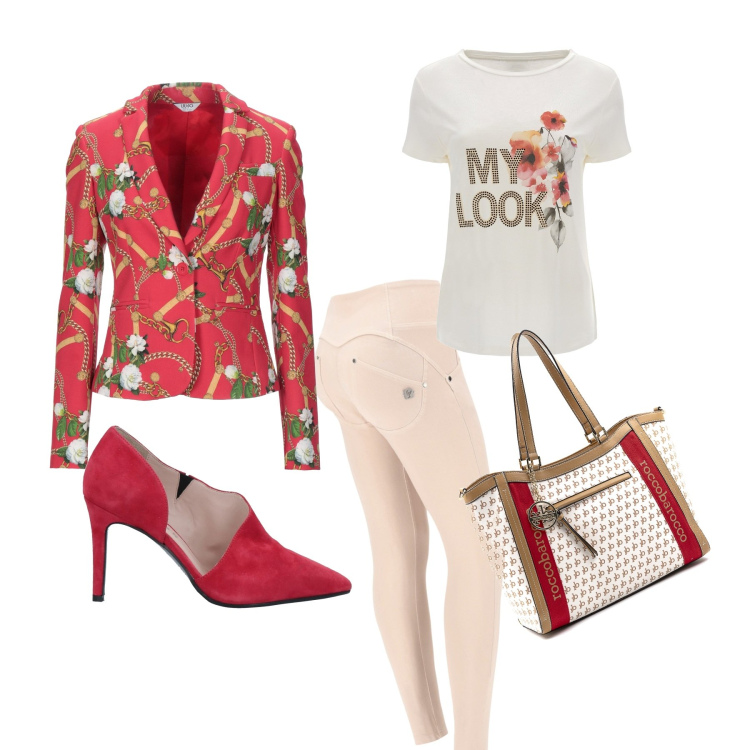 Outfit donna - Flower. Stile Casual chic Abbinamento con blazer, décolleté, pantaloni skinny, t-shirt, shopping bag.
