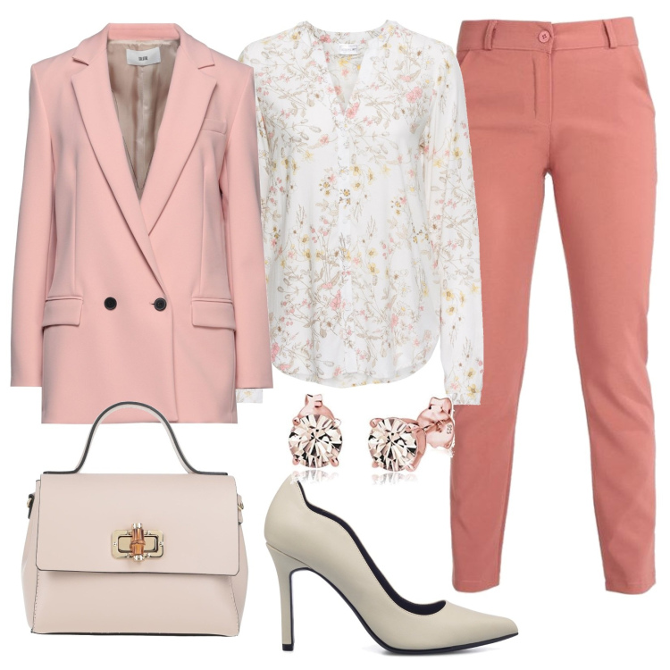 Outfit donna - PittaRosso Pink. Stile Romantica per Serata fuori. Abbinamento con camicie, blazer, borse a mano, pantaloni, décolleté, orecchini.