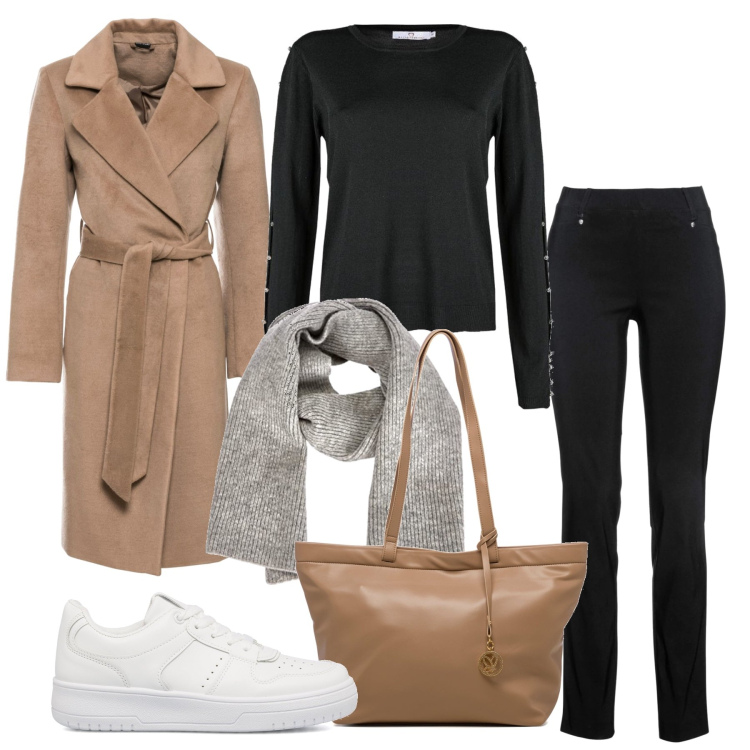 Outfit donna - Classy chic. Stile Casual chic per Tutti i giorni. Abbinamento con pantaloni, cappotti, pullovers, sneakers, borse a spalla, sciarpe.