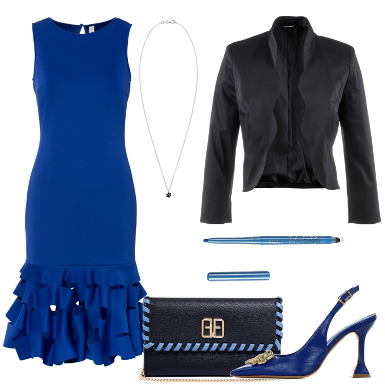 Outfit donna - Passione Blu. Stile Glamour per Serata fuori. Abbinamento con vestiti lunghi, blazer, décolleté, pochette, eyeliner, collane.