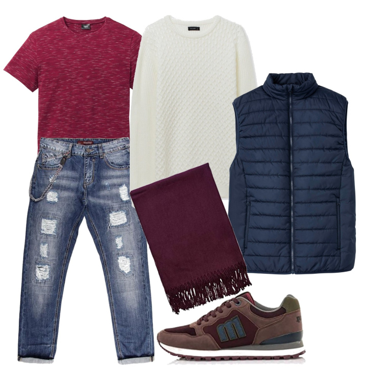 Outfit uomo - Un vero ragazzaccio. Stile Urban per Tutti i giorni. Abbinamento con gilet, t-shirt, jeans slim fit, maglieria, sciarpe, sneakers.