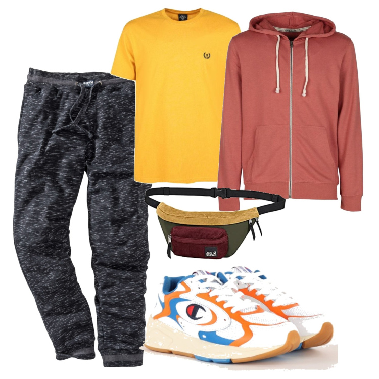 Outfit uomo - In vena di jogging. Stile Urban per Tutti i giorni. Abbinamento con pantaloni, felpe con cappuccio, t-shirt, sneakers, borse sportive.