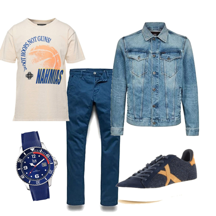 Outfit uomo - Tempo libero. Stile Casual per Tutti i giorni. Abbinamento con sneakers, t-shirt, orologi, pantaloni skinny, giacche.