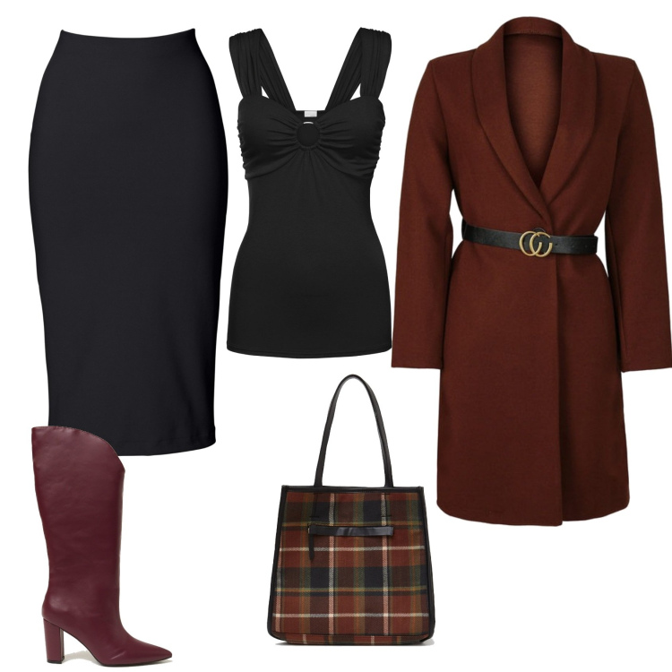 Outfit donna - Tendenze in bordeaux. Stile Glamour per Serata fuori. Abbinamento con gonne longuette, top, cappotti, stivali, shopping bag.